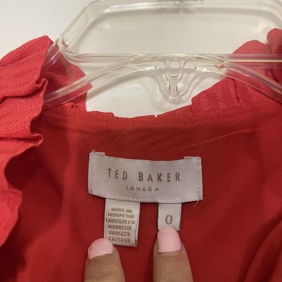 TED BAKER red orange ruffle collar pinstripe peasant blouse top size 0 X-small - Picture 5 of 6